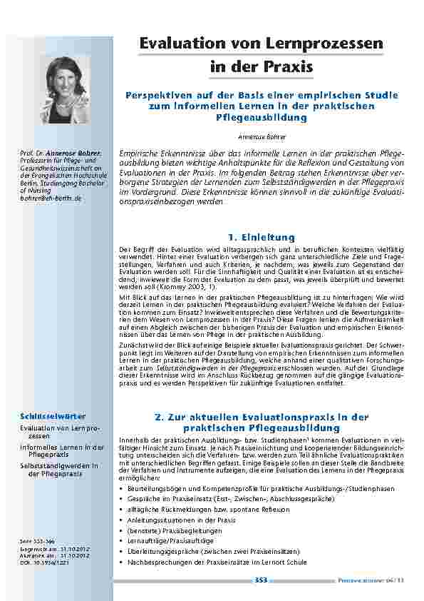 [doc_201303] Evaluation von Lernprozessen in der Praxis – Perspektiven auf der Basis einer empirischen Studie zum informellen Lernen in der praktischen Pflegeausbildung