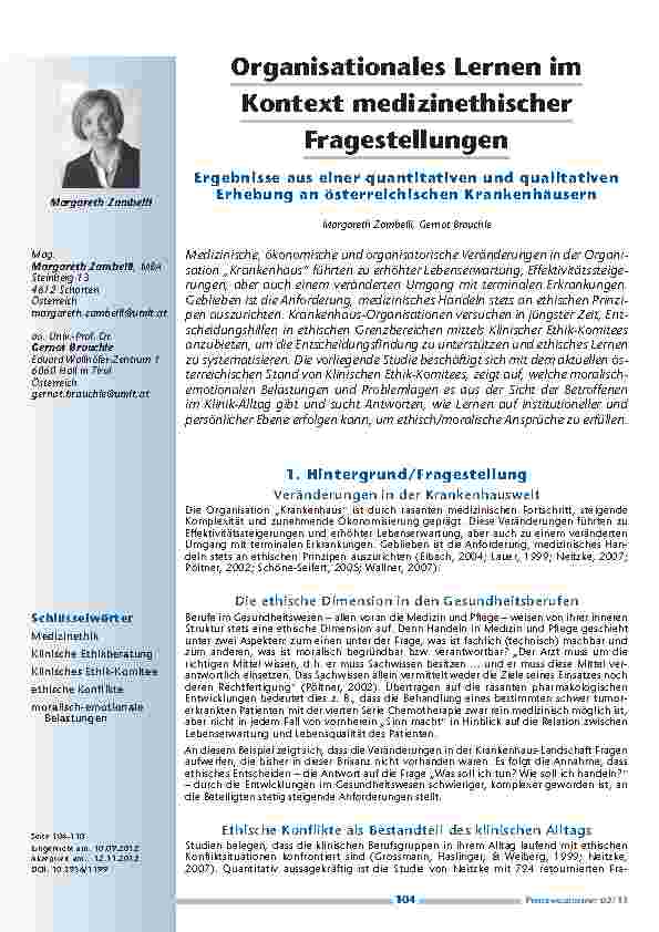 [doc_201279] Organisationales Lernen im Kontext medizinethischer Fragestellungen - Ergebnisse aus einer quantitativen und qualitativen Erhebung an österreichischen Krankenhäusern