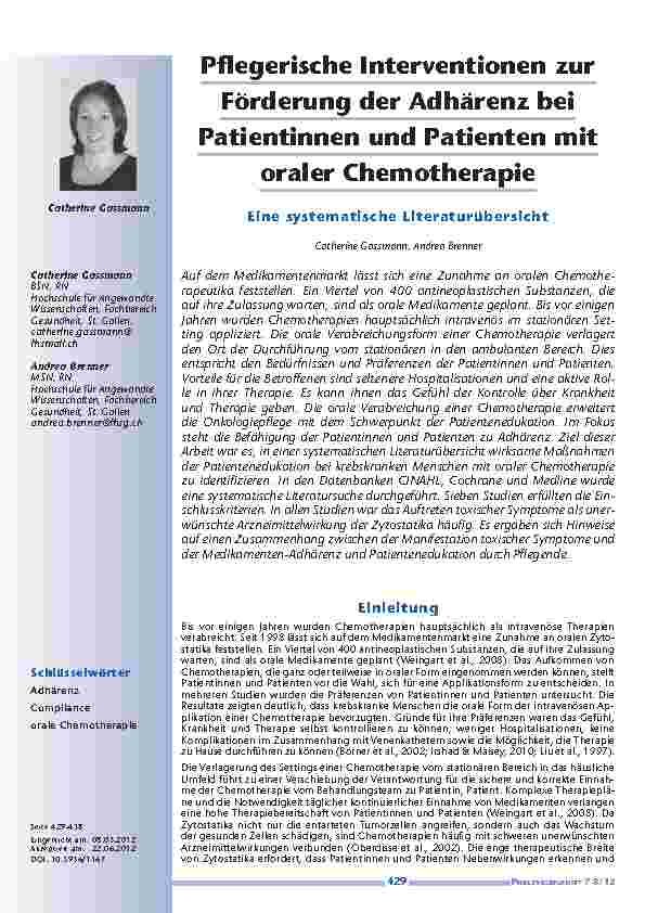 [doc_201241] Pflegerische Interventionen zur Förderung der Adhärenz bei Patientinnen und Patienten mit oraler Chemotherapie - Eine systematische Literaturübersicht