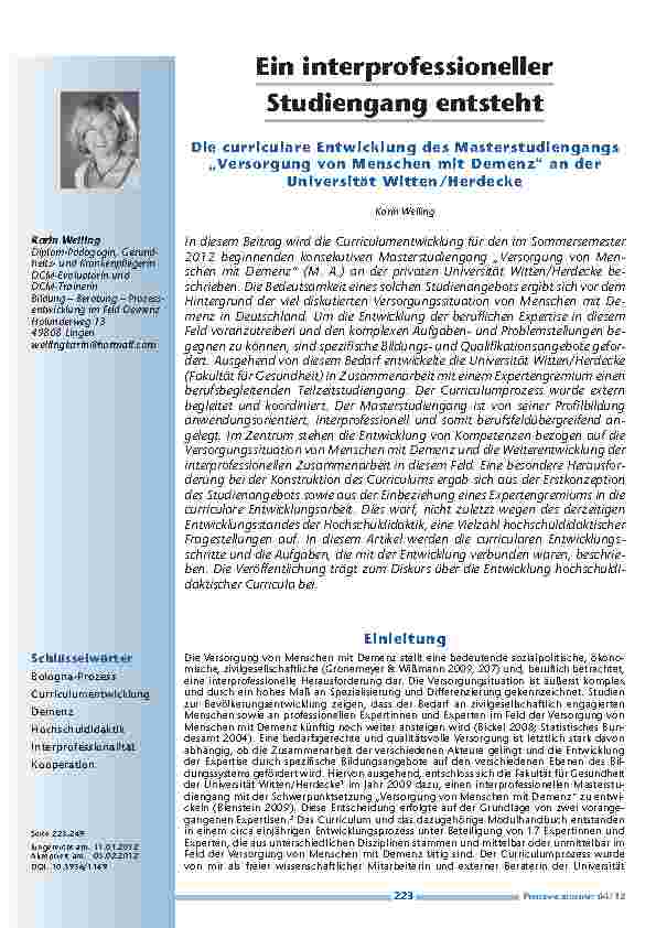 [doc_201219] Ein interprofessioneller Studiengang entsteht - Die curriculare Entwicklung des Masterstudiengangs „Versorgung von Menschen mit Demenz“ an der Universität Witten/Herdecke