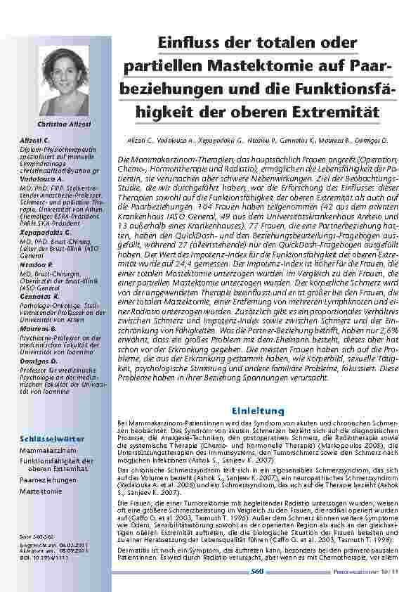 [doc_201178] Einfluss der totalen oder partiellen Mastektomie auf Paarbeziehungen und die Funktionsfähigkeit der oberen Extremität