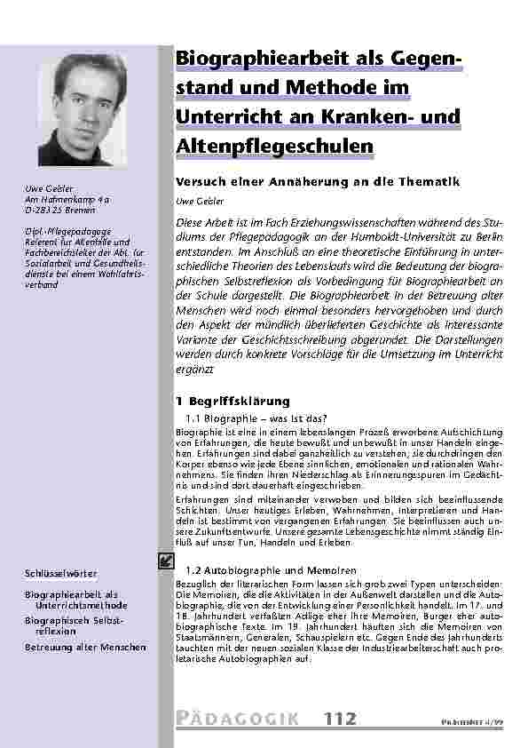 [doc_201082] Biographiearbeit als Gegen-stand und Methode im Unterricht an Krankenund Altenpflegeschulen