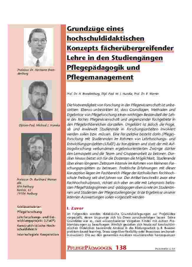 [doc_200912] Grundzüge eines hochschuldidaktischen Konzepts fächerübergreifender Lehre in den Studiengängen Pflegepädagogik und Pflegemanagement