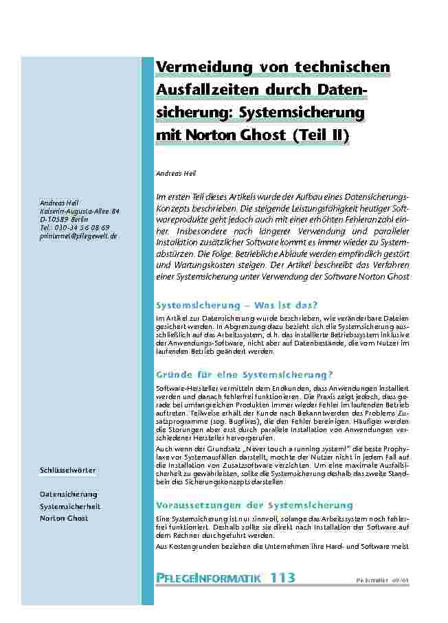 [doc_200887] Vermeidung von technischen Ausfallzeiten durch Datensicherung: Systemsicherung mit Norton Ghost (Teil II)