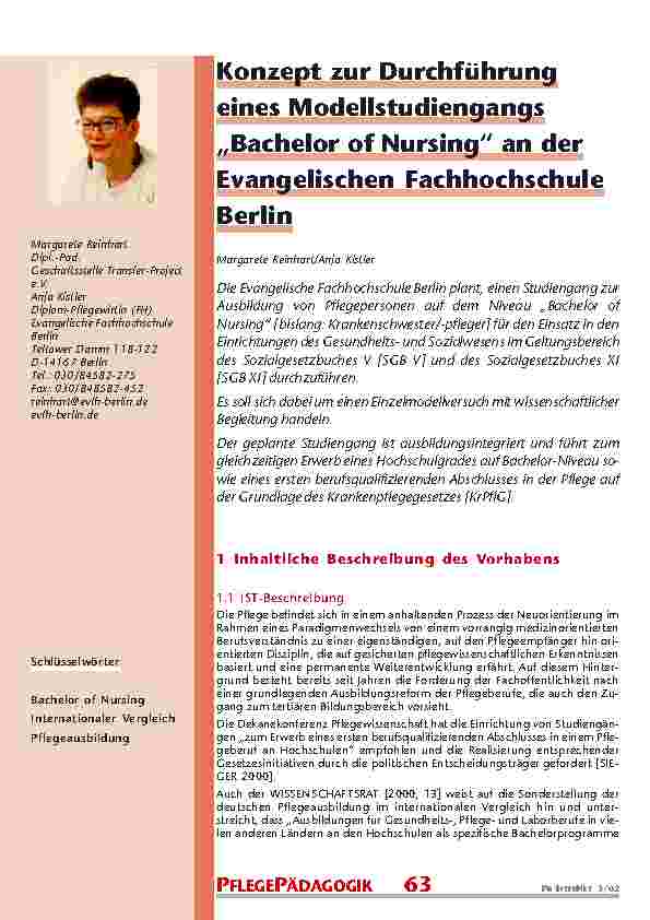 [doc_200845] Konzept zur Durchführung eines Modellstudiengangs „Bachelor of Nursing“ an der Evangelischen Fachhochschule Berlin