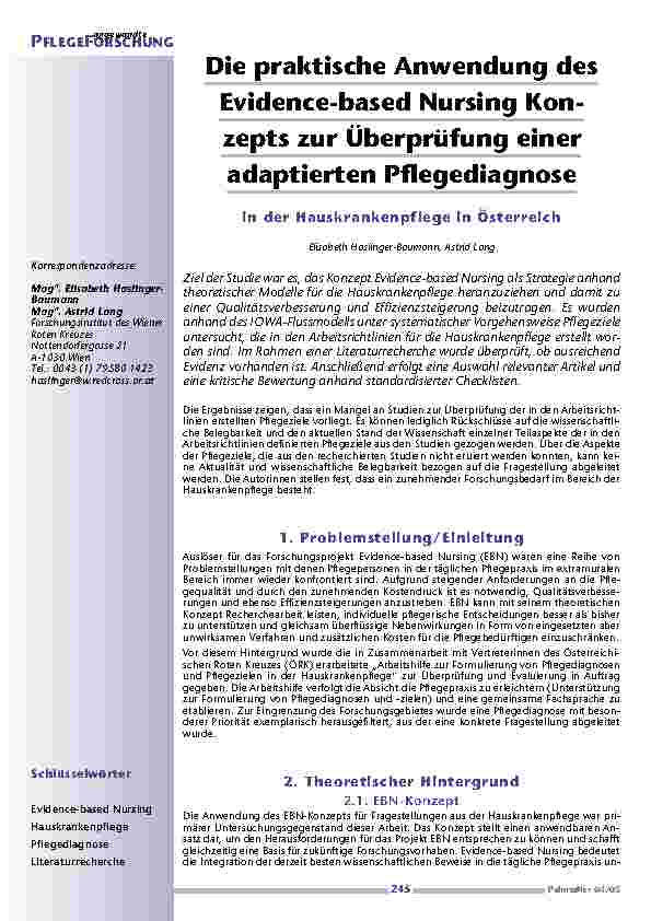 [doc_200568] Die praktische Anwendung desEvidence-based Nursing Konzeptszur Überprüfung eineradaptierten Pflegediagnose