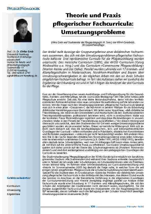 [doc_200533] Theorie und Praxis pflegerischer Fachcurricula: Umsetzungsprobleme