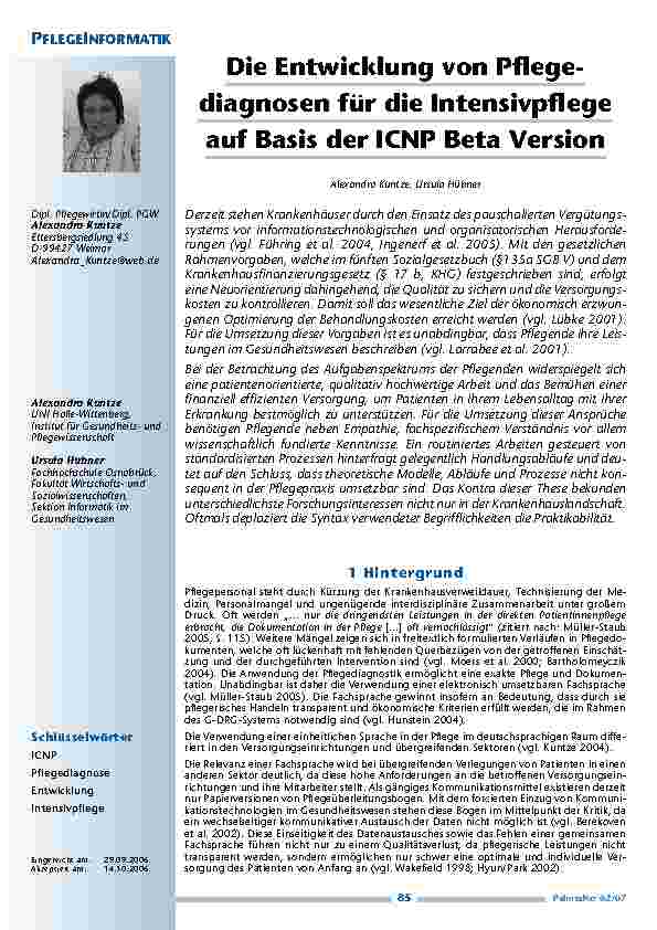 [doc_200417] Die Entwicklung von Pflegediagnosen für die Intensivpflegeauf Basis der ICNP Beta Version
