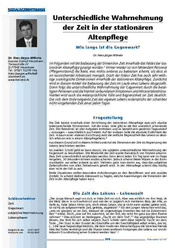 [doc_200404] Unterschiedliche Wahrnehmungder Zeit in der stationärenAltenpflege