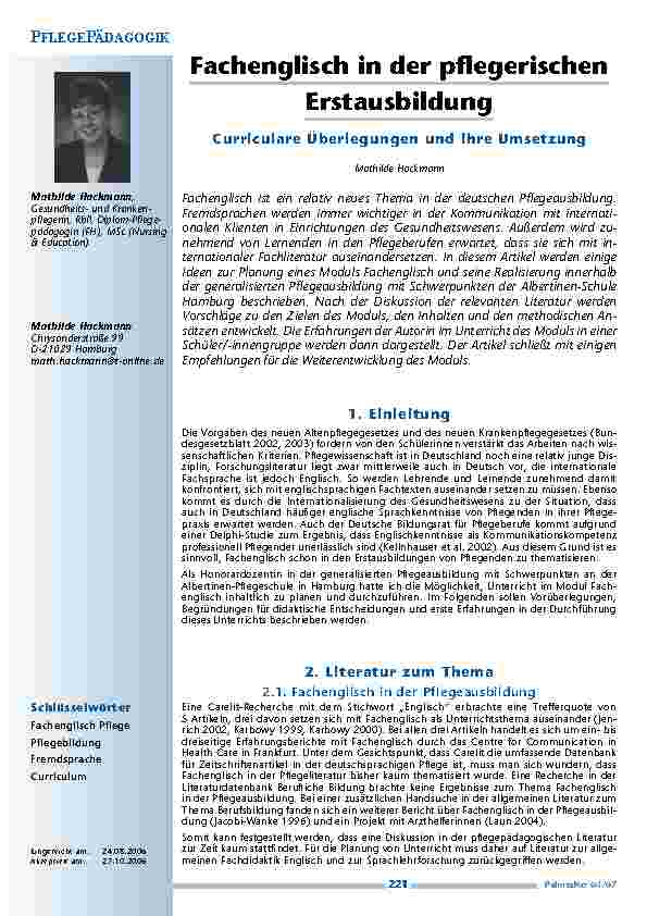[doc_200400] Fachenglisch in der pflegerischenErstausbildung.Curriculare Überlegungen und ihre Umsetzung