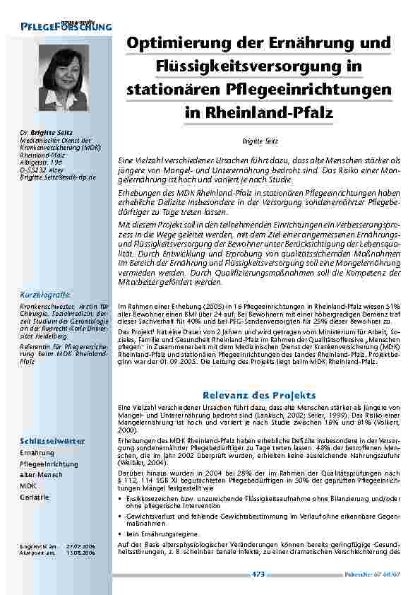 [doc_200371] Optimierung der Ernährung undFlüssigkeitsversorgung instationären Pflegeeinrichtungenin Rheinland-Pfalz