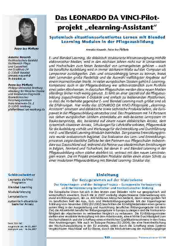 [doc_200314] Das LEONARDO DA VINCI-Pilotprojekt „elearning-Assistant“ - Systemisch-situationsorientiertes Lernen mit Blended Learning Modulen in der Pflegeausbildung