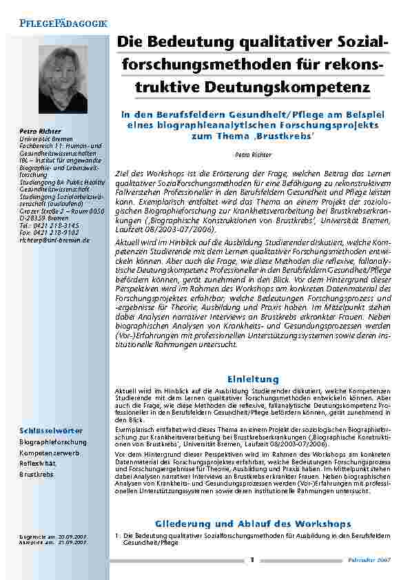 [doc_200304] Die Bedeutung qualitativer Sozialforschungsmethoden für rekonstruktive Deutungskompetenz in den Berufsfeldern Gesundheit/Pflege am Beispiel eines biographieanalytischen Forschungsprojekts zum Thema ‚Brustkrebs’