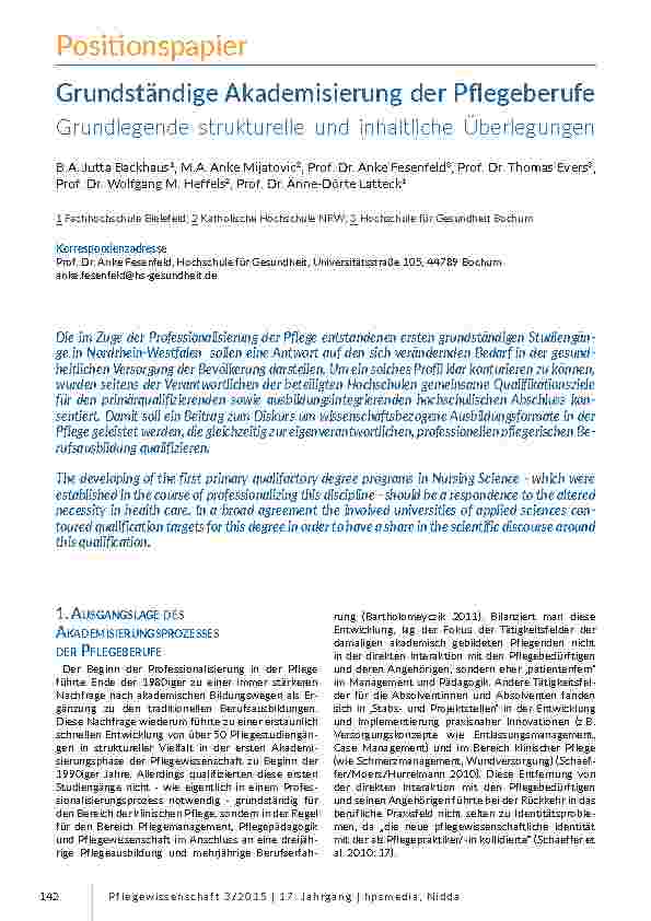 [doc_200275] Grundständige Akademisierung der Pflegeberufe - Grundlegende strukturelle und inhaltliche Überlegungen
