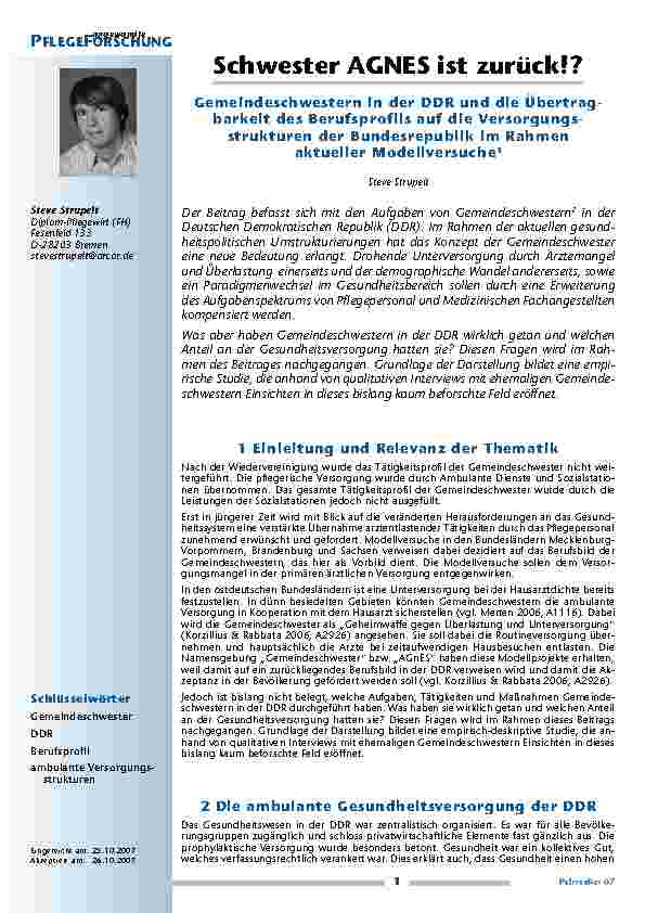 [doc_200256] Schwester AGNES ist zurück!? Gemeindeschwestern in der DDR und die Übertragbarkeit des Berufsprofils auf die Versorgungsstrukturen der Bundesrepublik im Rahmen aktueller Modellversuche