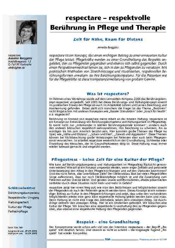 [doc_200164] respectare – respektvolle Berührung in Pflege und TherapieZeit für Nähe, Raum für Distanz