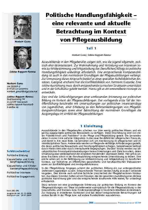 [doc_200152] Politische Handlungsfähigkeit – eine relevante und aktuelle Betrachtung im Kontext von Pflegeausbildung	Teil 1