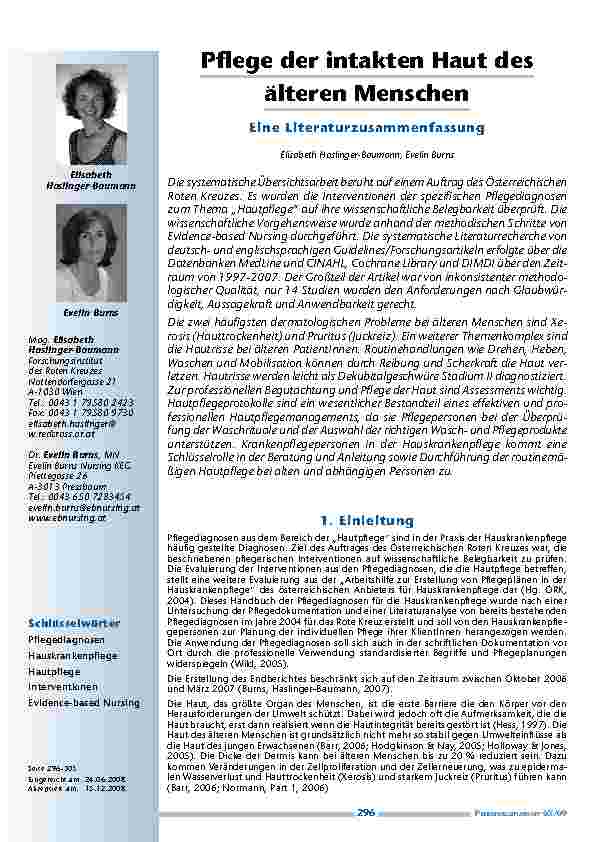 [doc_200150] Pflege der intakten Haut des älteren Menschen. Eine Literaturzusammenfassung