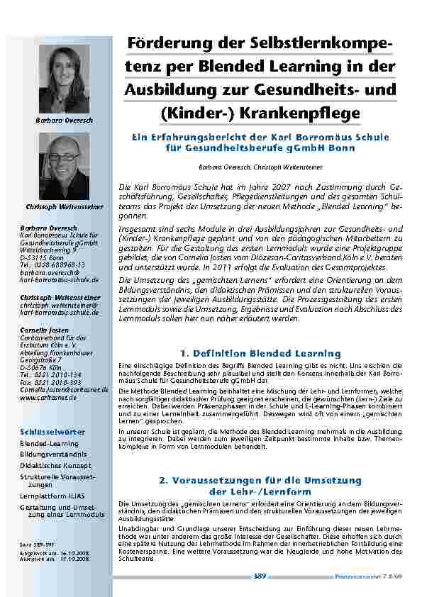 [doc_200140] Förderung der Selbstlernkompetenz per Blended Learning in der Ausbildung zur Gesundheitsund (Kinder-) Krankenpflege. Ein Erfahrungsbericht der Karl Borromäus Schule für Gesundheitsberufe gGmbH Bonn