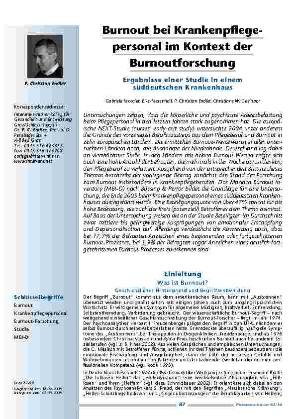 [doc_200096] Burnout bei Krankenpflegepersonal im Kontext der Burnoutforschung – Ergebnisse einer Studie in einem süddeutschen Krankenhaus