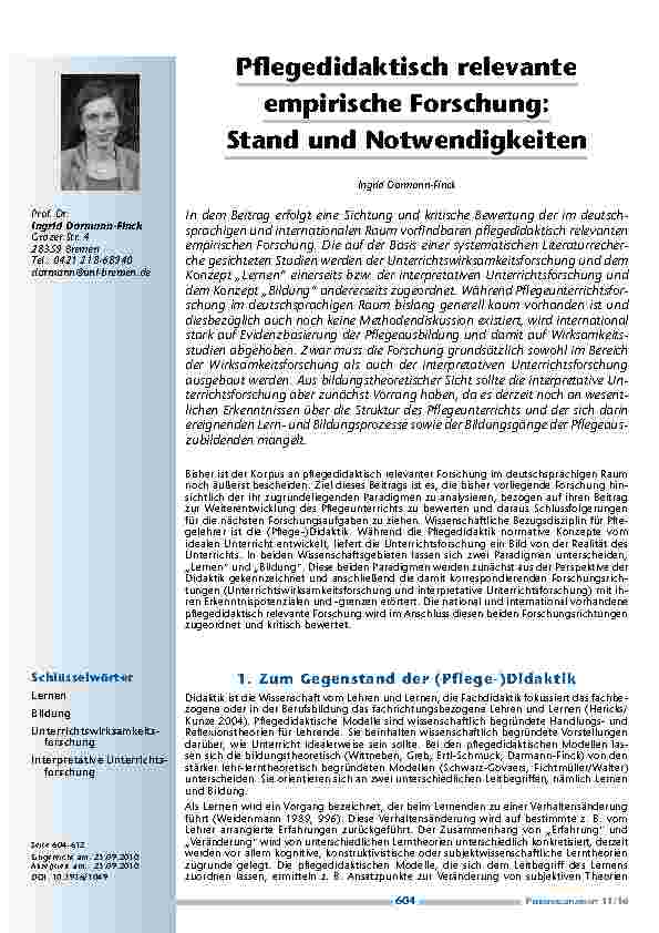 [doc_200027] Pflegedidaktisch relevante empirische Forschung: Stand und Notwendigkeiten