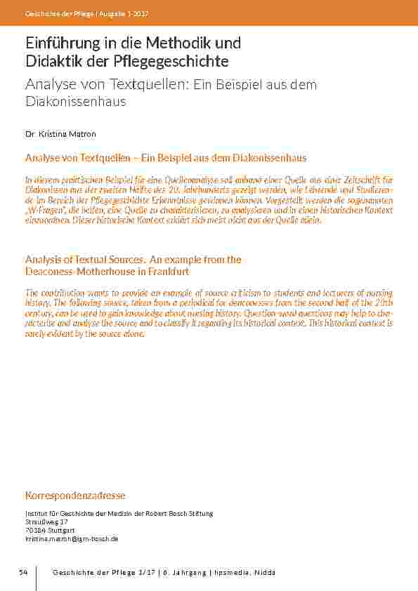 [doc_203111] Einführung in die Methodik und Didaktik der Pflegegeschichte Analyse von Textquellen: Ein Beispiel aus dem Diakonissenhaus