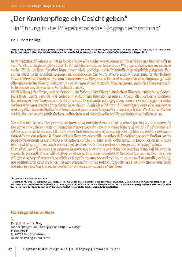 [doc_203071] „Der Krankenpflege ein Gesicht geben. “ Einführung in die Pflegehistorische Biographieforschung