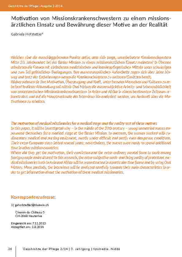 [doc_203063] Motivation von Missionskrankenschwestern zu einem missionsärztlichen Einsatz und Bewährung dieser Motive an der Realität
