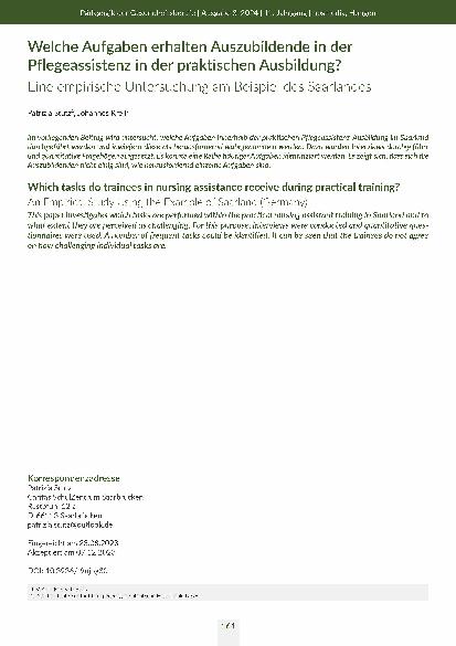 [doc_318502] Welche Aufgaben erhalten Auszubildende in der Pflegeassistenz in der praktischen Ausbildung? Eine empirische Untersuchung am Beispiel des Saarlandes.