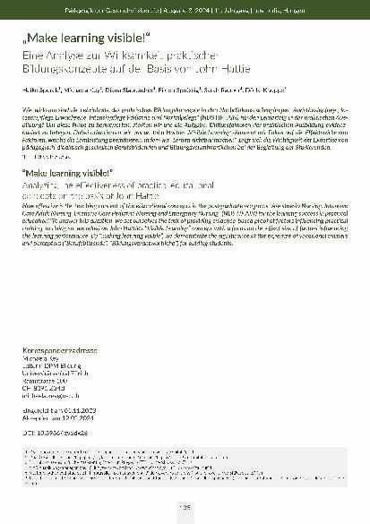 [doc_318498] "Make learning visible!" Eine Analyse zur Wirksamkeit praktischer Bildungskonzepte auf der Basis von John Hattie