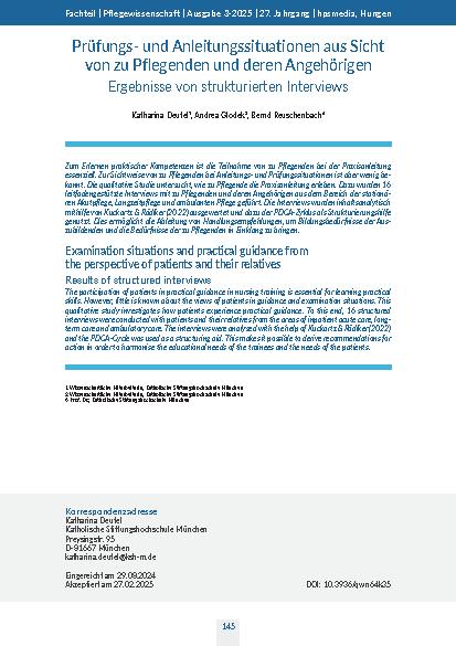 [doc_542969] Prüfungsund Anleitungssituationen aus Sicht von zu Pflegenden und deren Angehörigen Ergebnisse von strukturierten Interviews