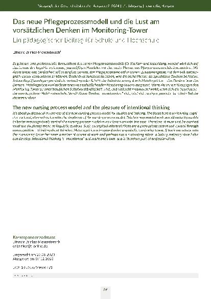 [doc_316732] Das neue Pflegeprozessmodell und die Lust am vorsätzlichen Denken im Monitoring-Tower Ein pädagogischer Beitrag für Schule und Hochschule
