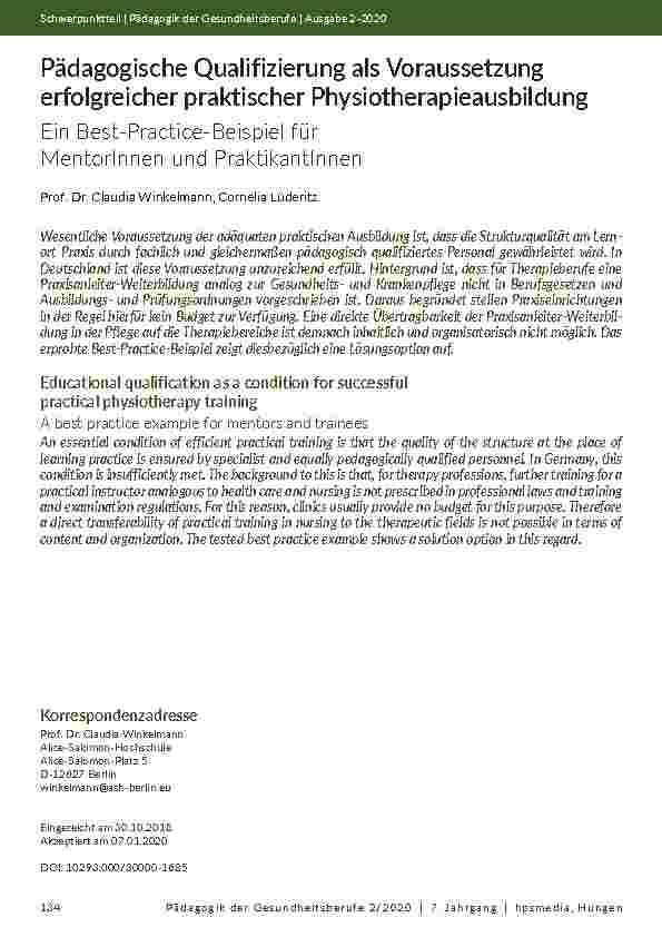 [doc_203788] Pädagogische Qualifizierung als Voraussetzung erfolgreicher praktischer Physiotherapieausbildung. Ein Best-Practice-Beispiel für Mentorinnen und Praktikantinnen.