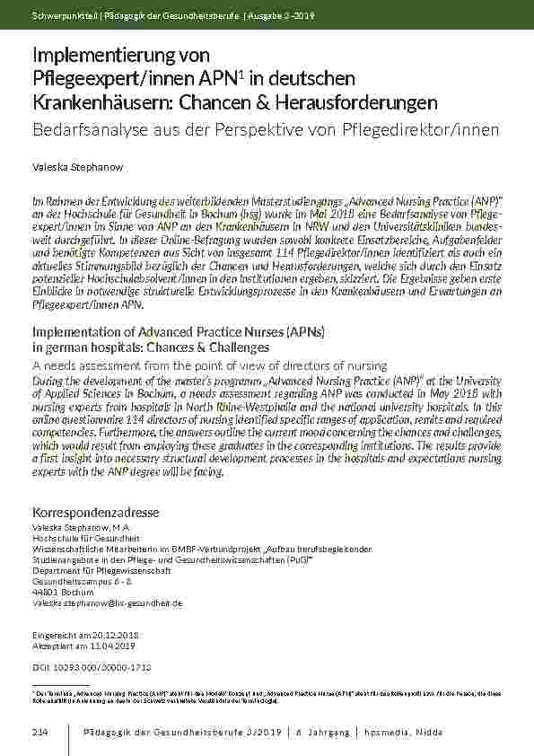 [doc_202128] Implementierung von Pflegeexpert/innen APN1 in deutschen Krankenhäusern: Chancen & Herausforderungen