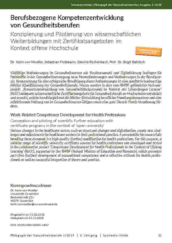 [doc_202097] Berufsbezogene Kompetenzentwicklung von Gesundheitsberufen. Konzipierung und Pilotierung von wissenschaftlichen Weiterbildungen mit Zertifikatsangeboten im Kontext offene Hochschule