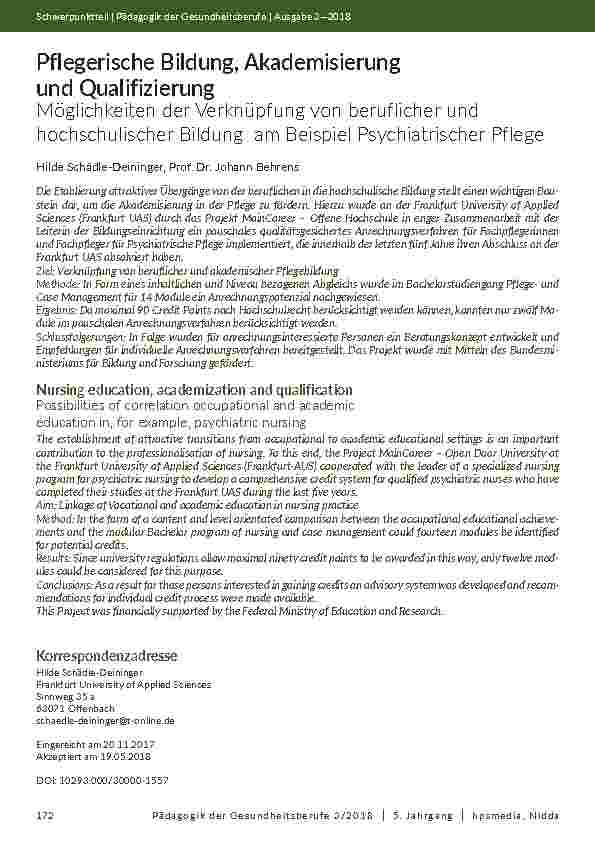 [doc_202076] Pflegerische Bildung, Akademisierung und Qualifizierung. Möglichkeiten der Verknüpfung von beruflicher und hochschulischer Bildung am Beispiel Psychiatrischer Pflege