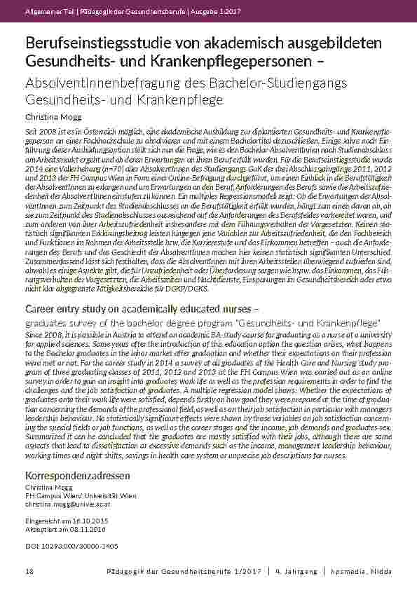 [doc_202008] Berufseinstiegsstudie von akademisch ausgebildeten Gesundheitsund Krankenpflegepersonen – AbsolventInnenbefragung des Bachelor-Studiengangs Gesundheitsund Krankenpflege