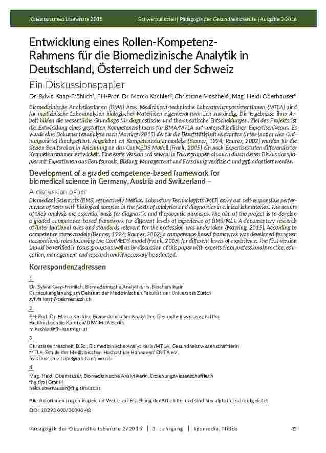 [doc_201977] Entwicklung eines Rollen-Kompetenz- Rahmens für die Biomedizinische Analytik in Deutschland, Österreich und der Schweiz. Ein Diskussionspapier