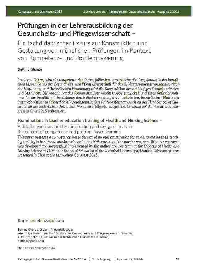 [doc_201975] Prüfungen in der Lehrerausbildung der Gesundheitsund Pflegewissenschaft – Ein fachdidaktischer Exkurs zur Konstruktion und Gestaltung von mündlichen Prüfungen im Kontext von Kompetenzund Problembasierung