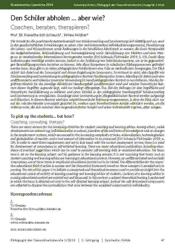 [doc_201964] Den Schüler abholen … aber wie? Coachen, beraten, therapieren?