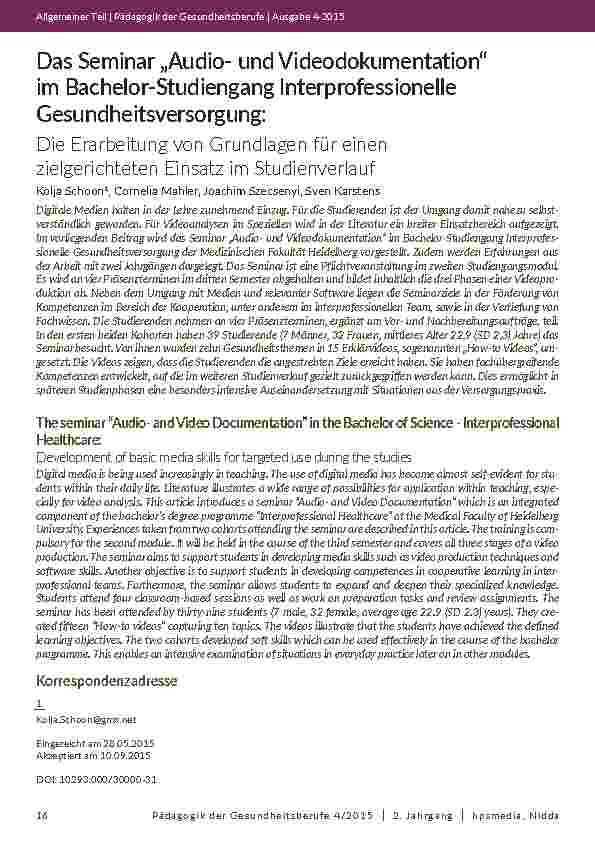 [doc_201951] Das Seminar „Audiound Videodokumentation“ im Bachelor-Studiengang Interprofessionelle Gesundheitsversorgung: Die Erarbeitung von Grundlagen für einen zielgerichteten Einsatz im Studienverlauf