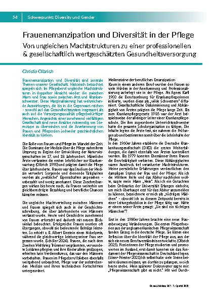 Frauenemanzipation und Diversität in der Pflege. Von ungleichen Machtstrukturen zu einer professionellen & gesellschaftlich wertgeschätzten Gesundheitsversorgung