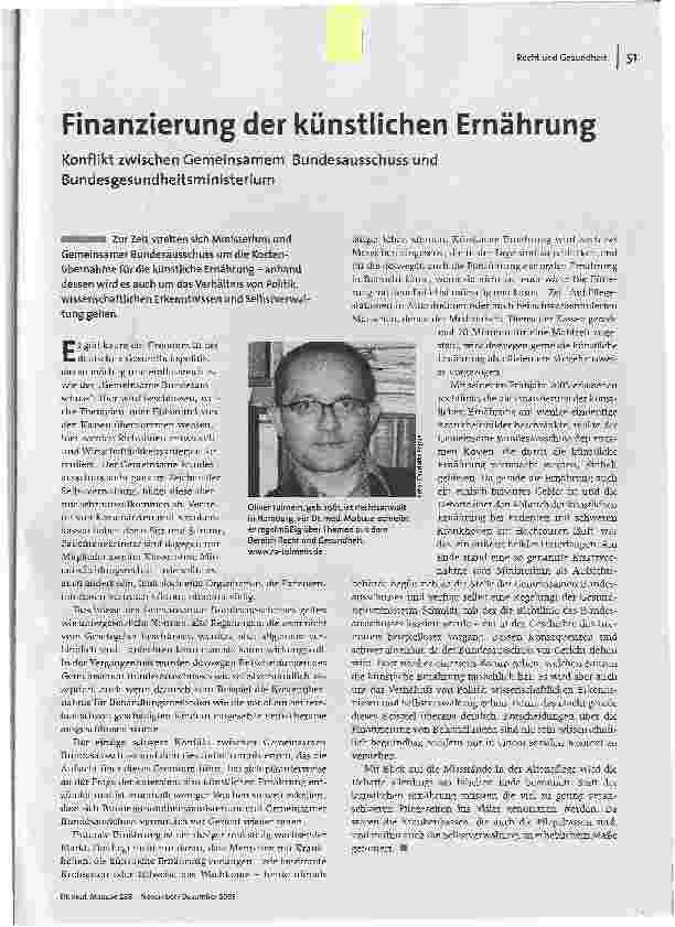 [doc_87745] Finanzierung der künstlichen ErnährungKonflikt zwischen Gemeinsamem Bundesausschuss und Bundesgesundheitsministerium