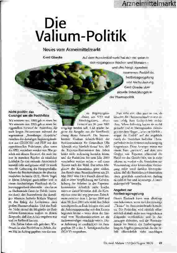 Die Valium-Politik Neues vom Arzneimittelmarkt