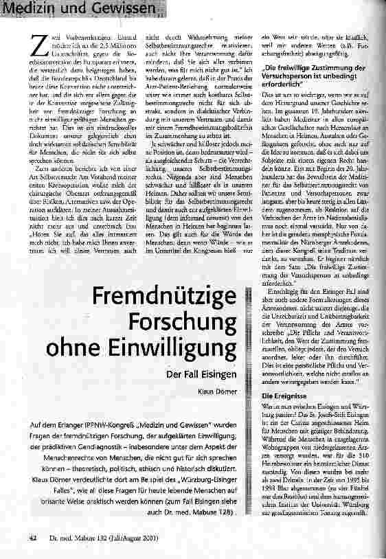 Fremdnützige Forschung ohne Einwilligung Der Fall Eisingen