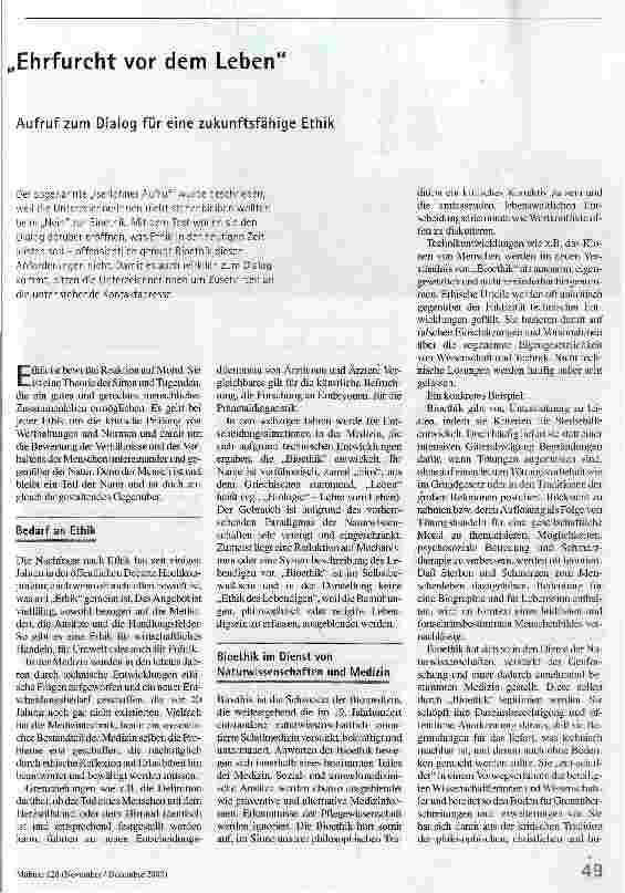 Ehrfurcht vor dem Leben Aufruf zum Dialog für eine zukunftsfähige Ethik