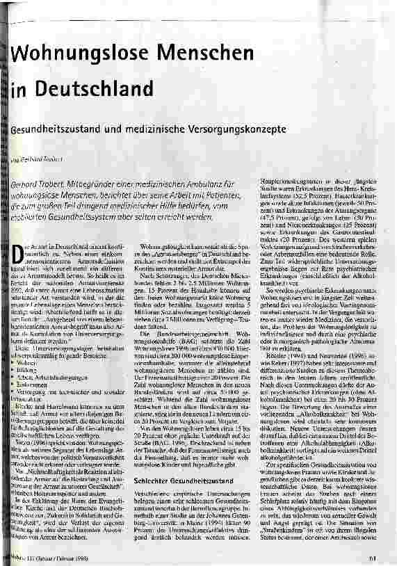 Wohnungslose Menschen in Deutschland Gesundheitszustand und medizinische Versorgungskonzepte