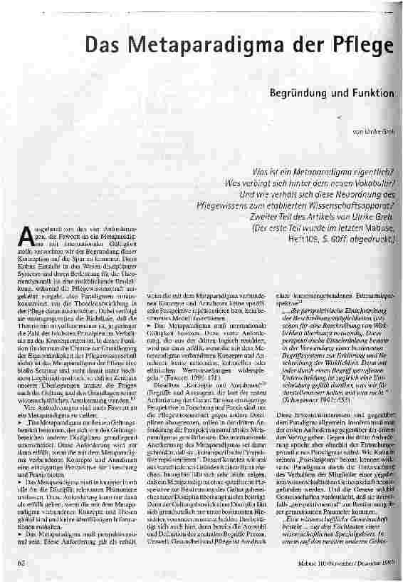 Das Metaparadigma der Pflege 2. Teil Begründung und Funktion