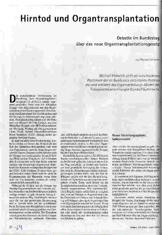 Hirntod und Organtransplantation Debatte im Bundestag über das neue Organtransplantationsgesetz