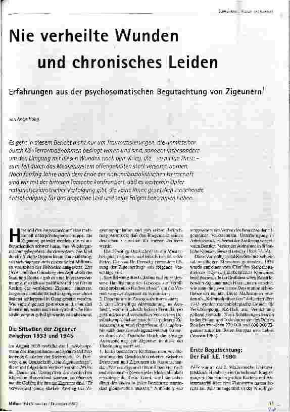 Nie verheilte Wunden und chronisches Leiden Erfahrungen aus der psychosomatischen Begutachtung von Zigeunern